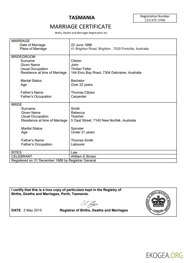 Modèle de certificat de mariage Australie Tasmanie dans Word